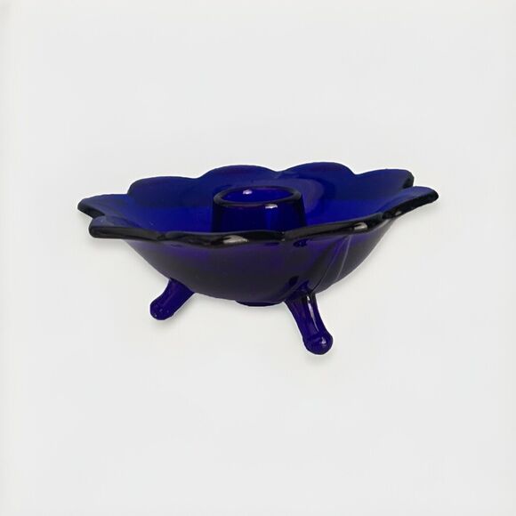 Fenton Cobalt Blue Glass Lotus Candlestick Holder Flower Vintage Home Decor - Picture 3 of 10